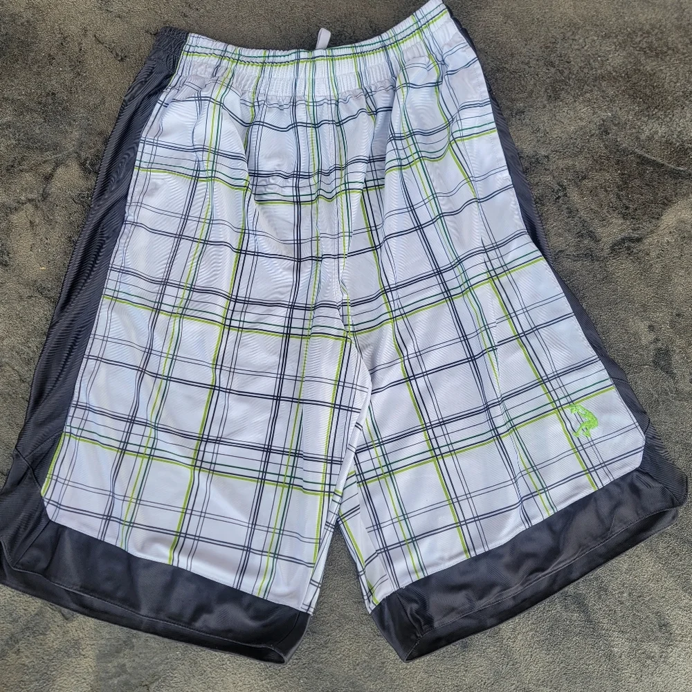 Vintage 90s Shaquille O'Neal Fashion Plaid Neon Green/Dark Gray Athletic Shorts
